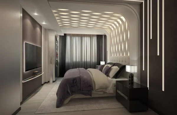 Modernt sovrum med violett plaid_angle002 (render) — Stockfoto