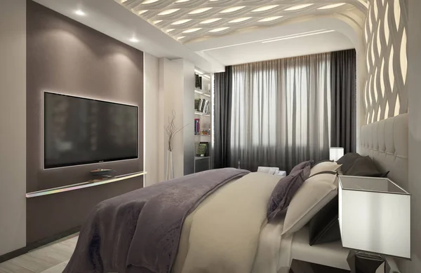 Menekşe plaid_angle004 ile modern yatak odası (render) — Stok fotoğraf