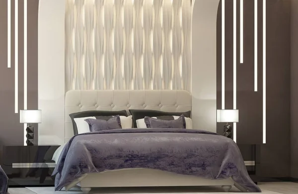 Modernt sovrum med violett plaid_angle006 (render) Royaltyfria Stockbilder