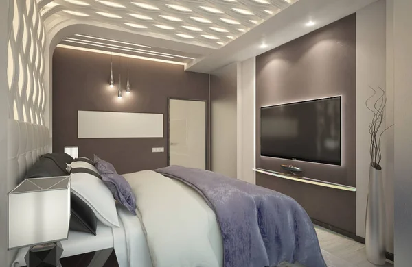 Modernt sovrum med violett plaid_angle003 (render) Stockbild