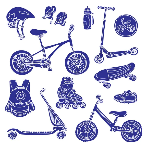 Çocuklar için spor malzemeleri siluetleri kümesi renk. Vektör 