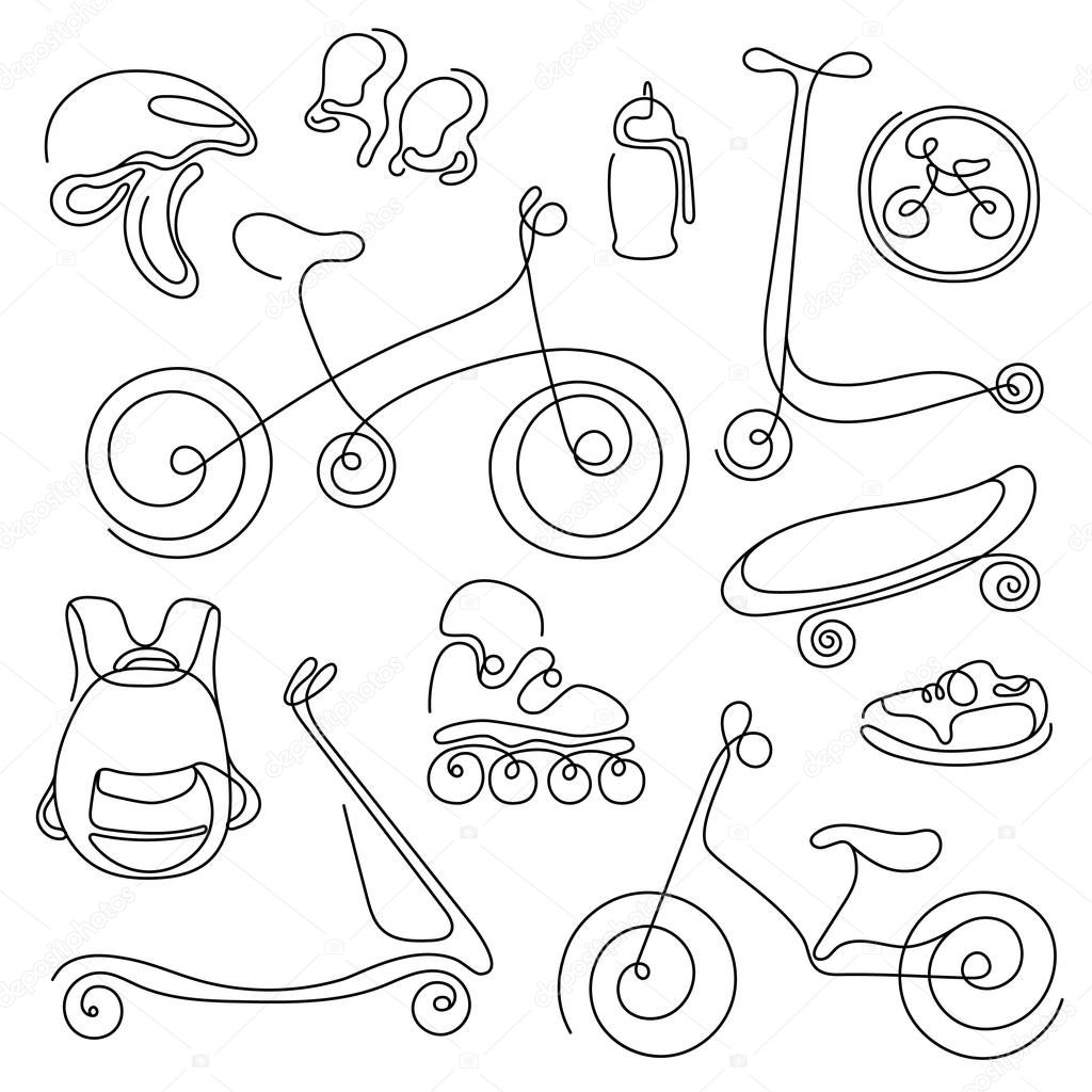 Line art set. Doodle sketch of sporting goods for kids. Vector 