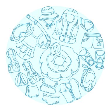 Doodle kroki ürünler çocuklar için yüzme. Vektör çizim daire içinde. Ayarla. 