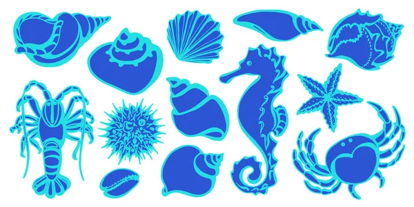 게, 바다 말, 암, 조개, 성 게, 불가사리의 설정. 스케치 스타일 벡터입니다. 해양 컬렉션. — 스톡 벡터