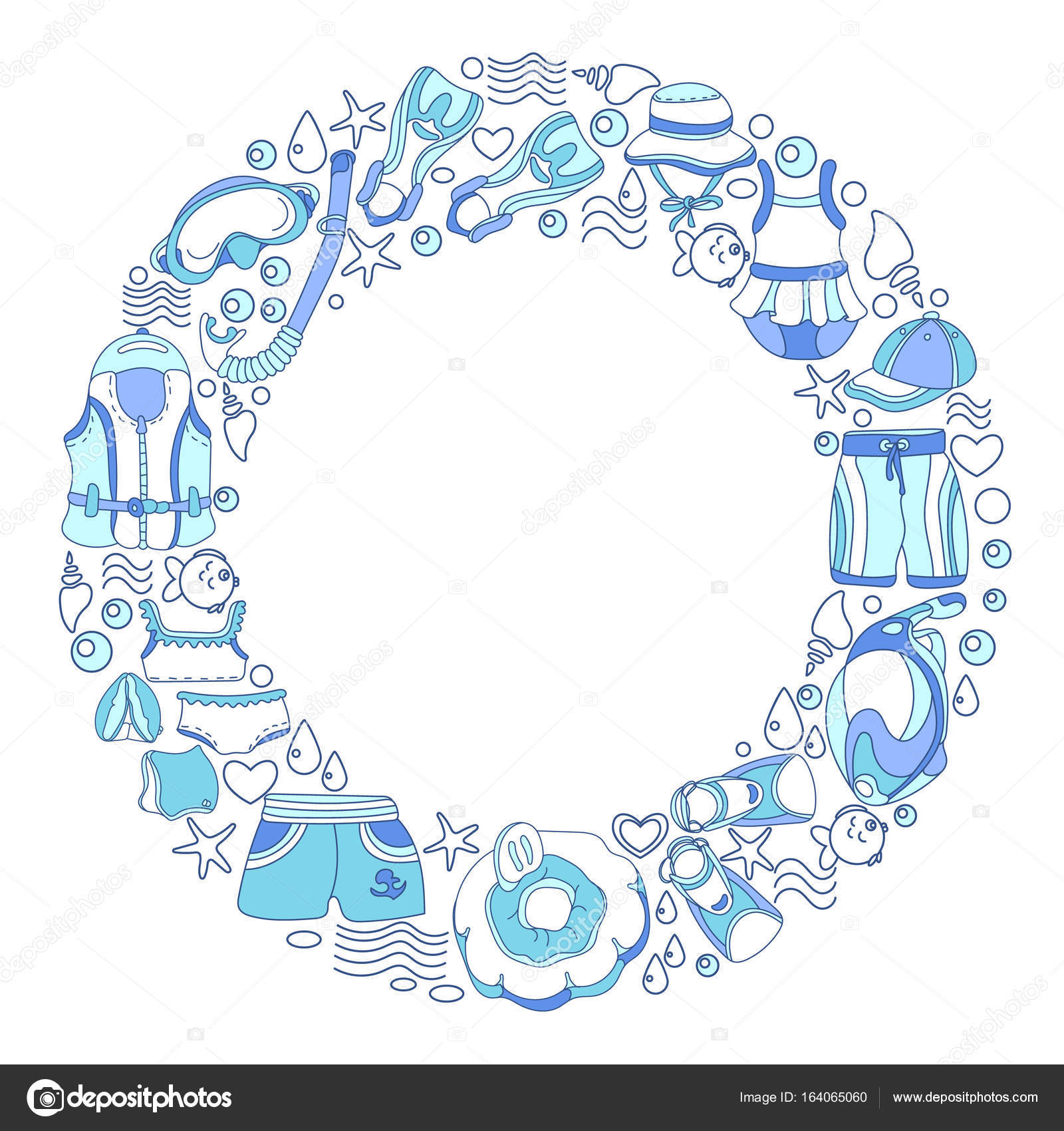 Modello con merci di nuoto per bambini in cerchio Illustrazione Modello con merci di nuoto per bambini in cerchio su priorit bassa bianca Illustrazione di colore di vettore Gilet maschera tubo costume da bagno
