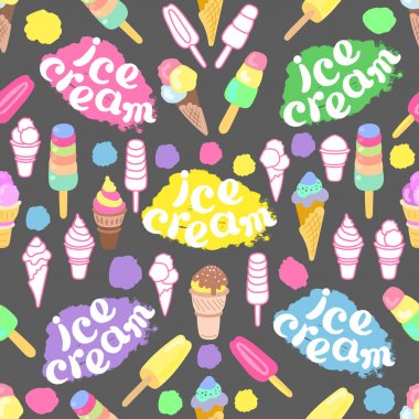 Dikişsiz desen dondurma ve yazı. Vektör çizim siyah arka plan üzerine