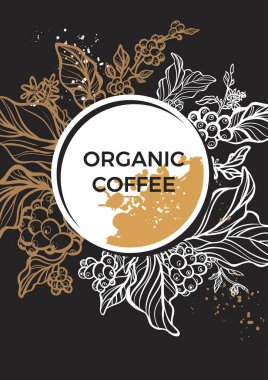 Yaprak, çiçek ve kahve çekirdekleri ile kahve ağacı dalı. Renk şablonu