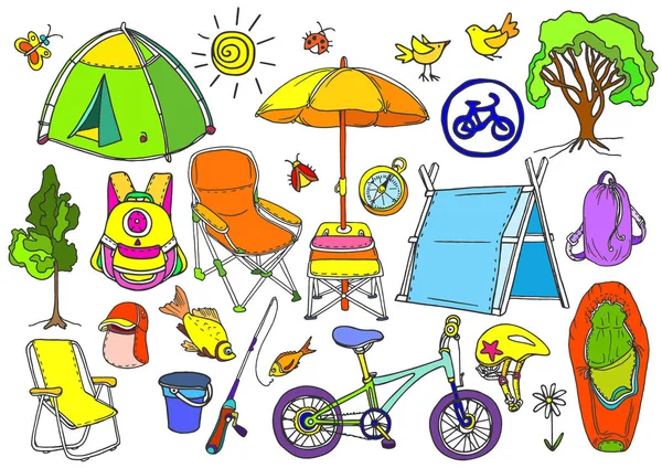 Set con trekking infantil en el bosque, pesca, picnic. Vector de Doodle — Vector de stock