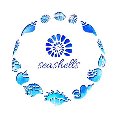 Şablon. Deniz kabukları daire siluetleri kümesi. Denizaltı dünya. Vektör 