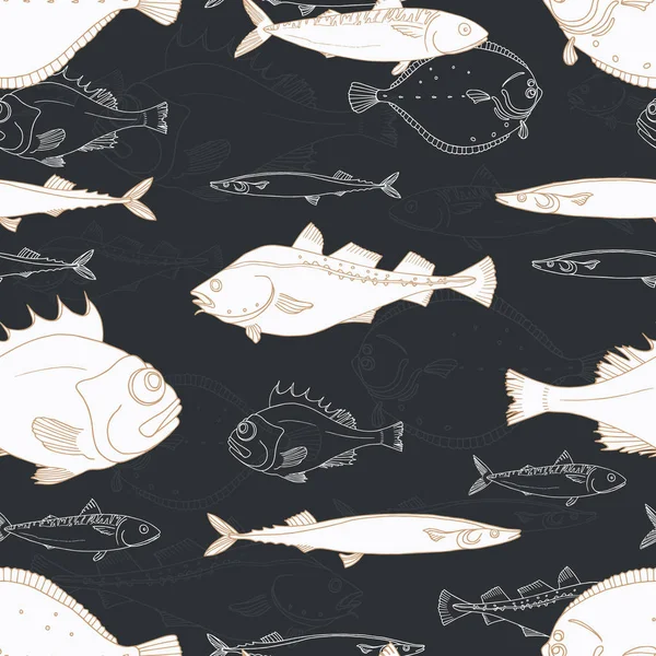 Nahtloses Muster weißer Meeresfische auf schwarzem Hintergrund. Barsch, Kabeljau, Scomber, Makrele, Flunder, Saira. Vektor-Doodle. — Stockvektor