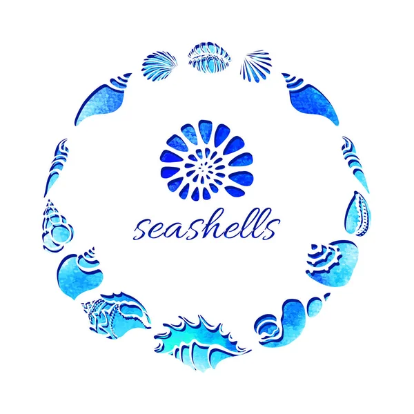 Şablon. Deniz kabukları daire siluetleri kümesi. Denizaltı dünya. Vektör 