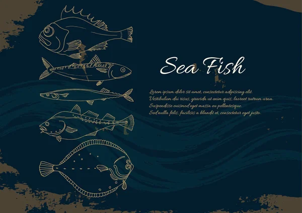 Deniz balığı kümesi şablonu. Levrek, morina, uskumru, dere pisisi, saira. Vektör doodle.