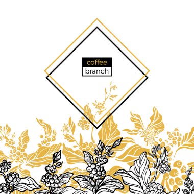 Modaya uygun şablonu. Kahve dalları yaprak, çiçek ve doğal kahve çekirdekleri ile. Vektör