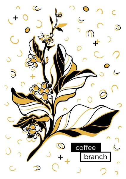 Kahve şube yaprakları ve kahve çekirdekleri ile. Botanik kontur çizim. Retro memphis tarzı, pop art. Vektör şablonu