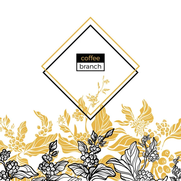 Modaya uygun şablonu. Kahve dalları yaprak, çiçek ve doğal kahve çekirdekleri ile. Vektör