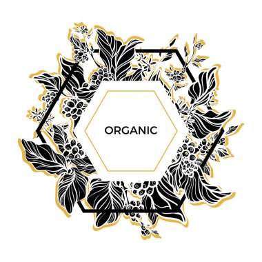 Modaya uygun şablonu. Organik. Kahve dalları yaprak, çiçek ve doğal kahve çekirdekleri ile. Siluet. Vektör