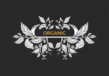 Modaya uygun şablonu. Çay yaprak ve çiçek dalları. Vektör amblemi.