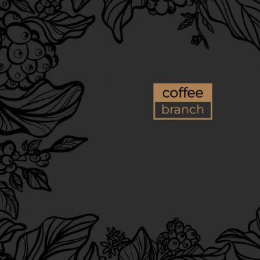 Şablon / siyah yaprak ve doğal kahve çekirdekleri ile kahve ağacı dalı. Vektör çizim