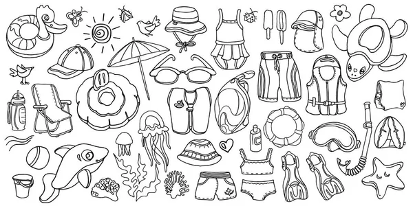Doodle conjunto de artículos de natación para niños. Boceto vectorial — Vector de stock