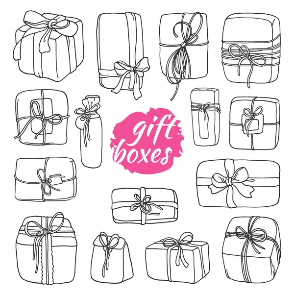 Karikatür tarzı hediye kutuları kümesi. Doodle vektör