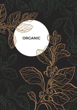 Şablon / altın gerçekçi dalları ile yaprak, berry ve çiçekler. Vektör