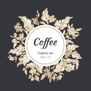 Vektör şablon kahve çekirdeği ve dalları daire