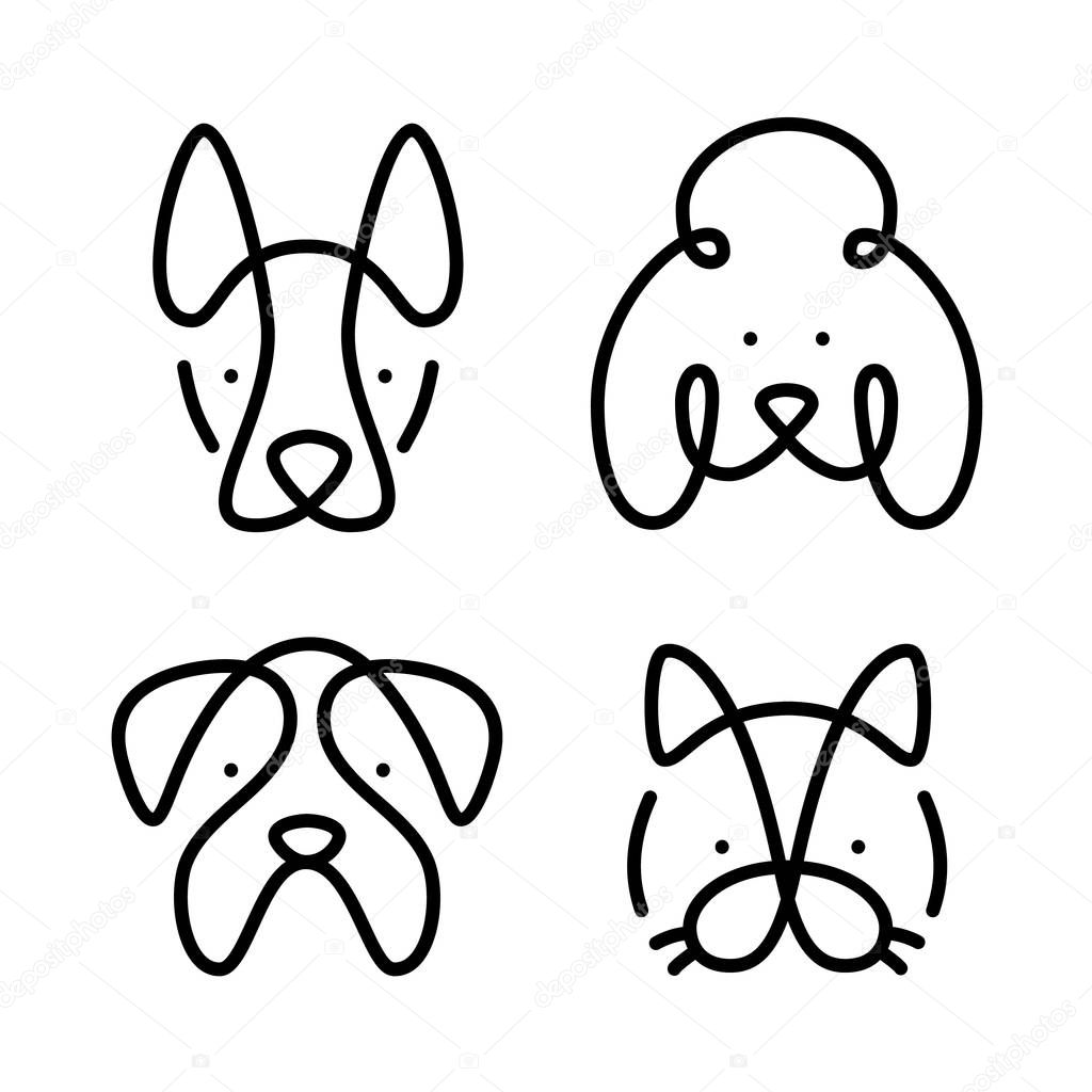 Set of pets. Vector art line style. Collection cat and dogs. Simple design of animals isolated on white background. Flat logo of bulldog, poodle, sheepdog. Symbol modern illustration. Eps.10