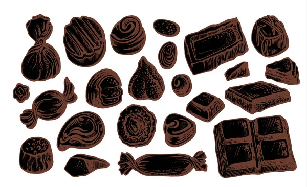 Caramelle al cioccolato. Set vettoriale. Schizzo disegnato a mano — Vettoriale Stock