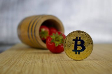 Altın bitcoin sikke mavi işareti ile