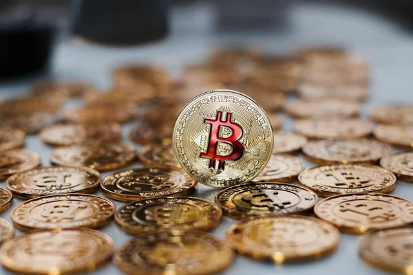 Bitcoin sikke altın sikkeler üzerinde — Stok fotoğraf