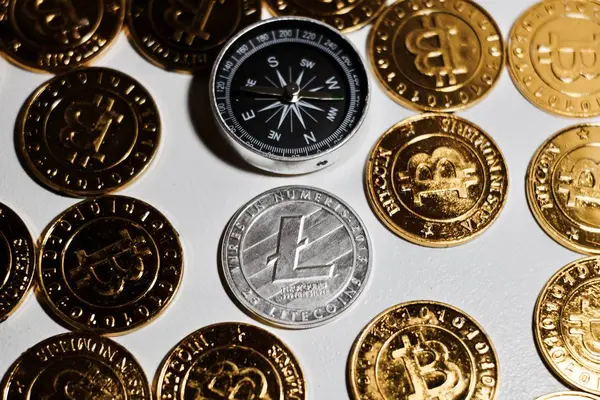 Litecoin mince a kompas — Stock fotografie