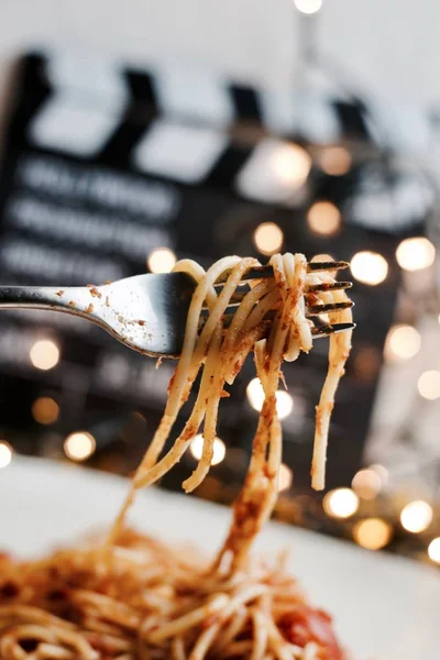 Macarrão em um garfo — Fotografia de Stock