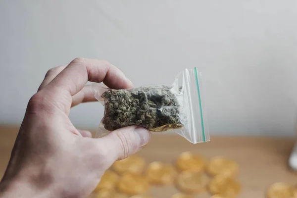 Sac avec une marijuana à la main — Photo