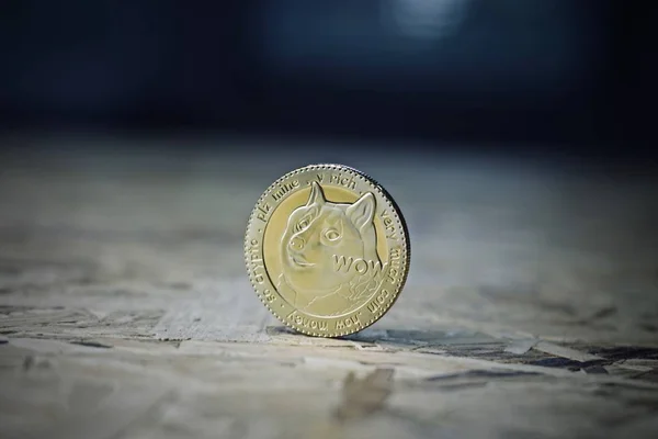 Moeda Dogecoin na mesa de madeira — Fotografia de Stock