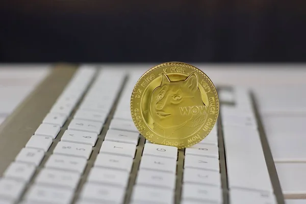 Digital currency physical metal dogecoin coin on white computer keyboaed.