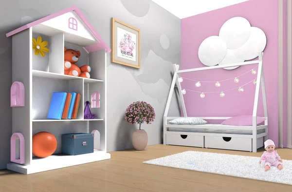 Spacious children\'s room with a play tent for the girl