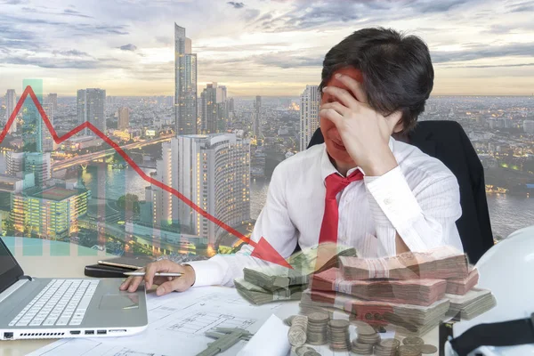 Double exposure of young businessman stressed — Stock Photo, Image