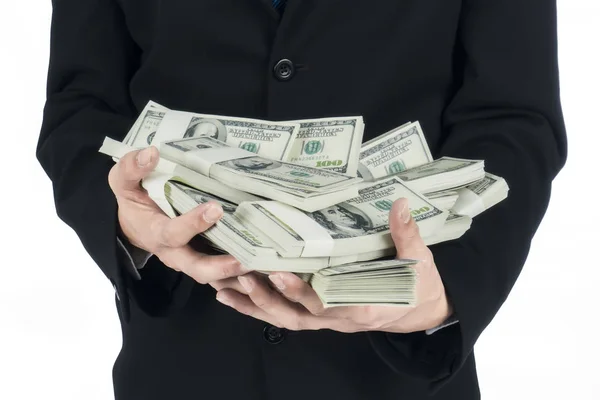 Fechar-se de empresário segurando um monte de dólares americanos em sua mão — Fotografia de Stock