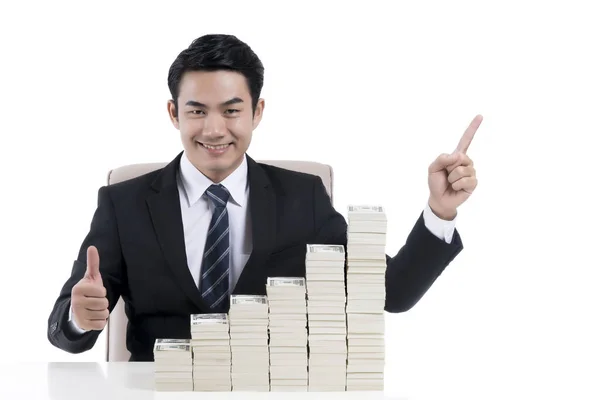 Businessman with hand sign so excellent and Stacking of the bank — Stock Photo, Image