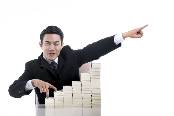 Happy Young businessman with finger walking up the stair and hig — Stock Photo, Image