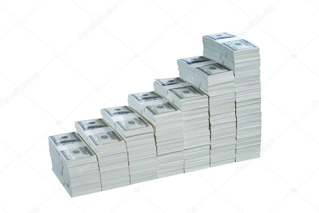 Front image of stack of dollars in increasing steps on white bac