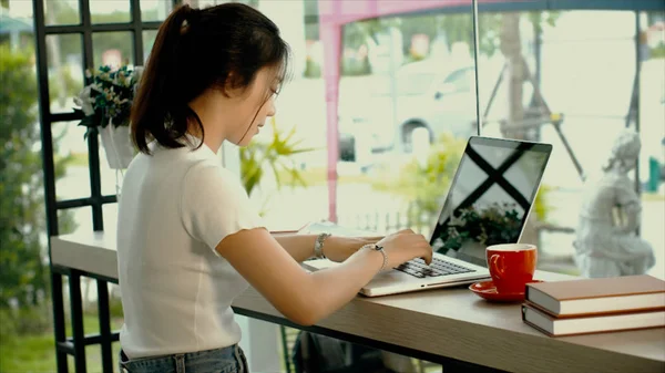 Güzel Asyalı genç kız bir dizüstü bilgisayarda çalışıyor — Stok fotoğraf