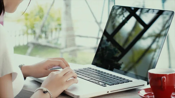 Jovem asiático menina compras on-line no laptop — Fotografia de Stock
