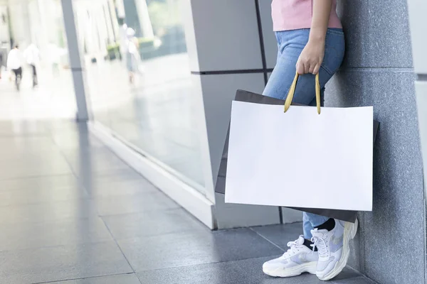 Young female holding two bag, mockup blank screen paper shopping bag with clipping path, Empty space on shopping bag for design insert logo or graphic.