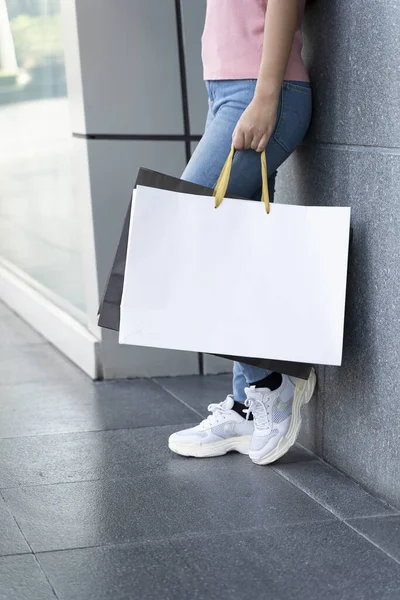 Young female holding two bag, mockup blank screen paper shopping bag with clipping path, Empty space on shopping bag for design insert logo or graphic.
