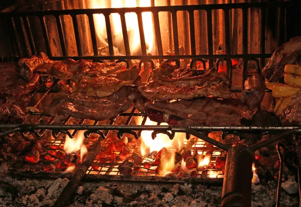 Cooking the meat on the grill in the fireplace — Stock Photo, Image