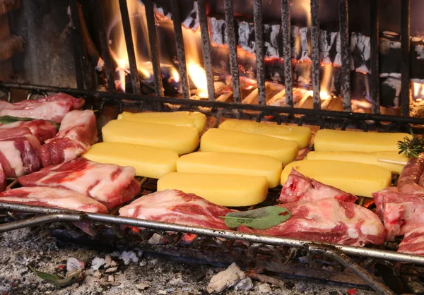 Bir sürü sığır çiğ et ve domuz eti yemek şömine — Stok fotoğraf