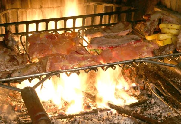 豚カルビとおいしいピリ辛ソーセージを調理する火焼き re — ストック写真