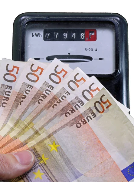 Euro banknotes to pay the electricity bill and the meter — Stock Photo, Image