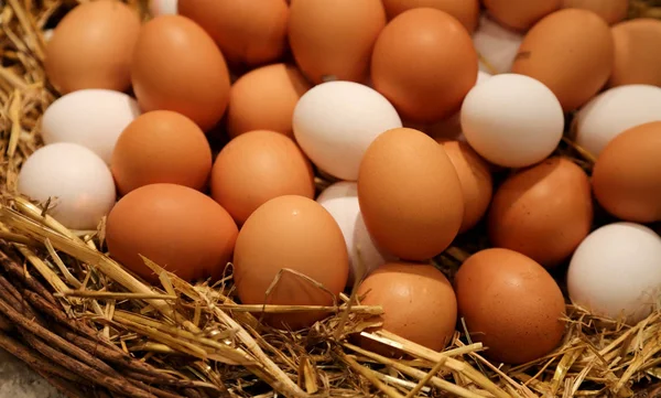 Cesto di vimini con uova di pollo — Foto Stock